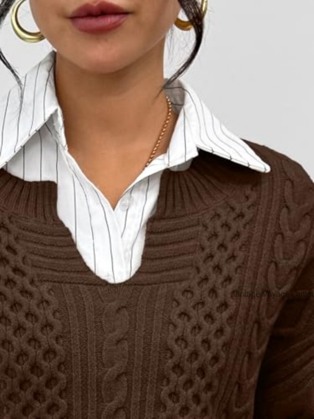 Oversized Cable Knit V-Neck Sweater Pullover Women's Winter Clothing - Picture 5 of 6